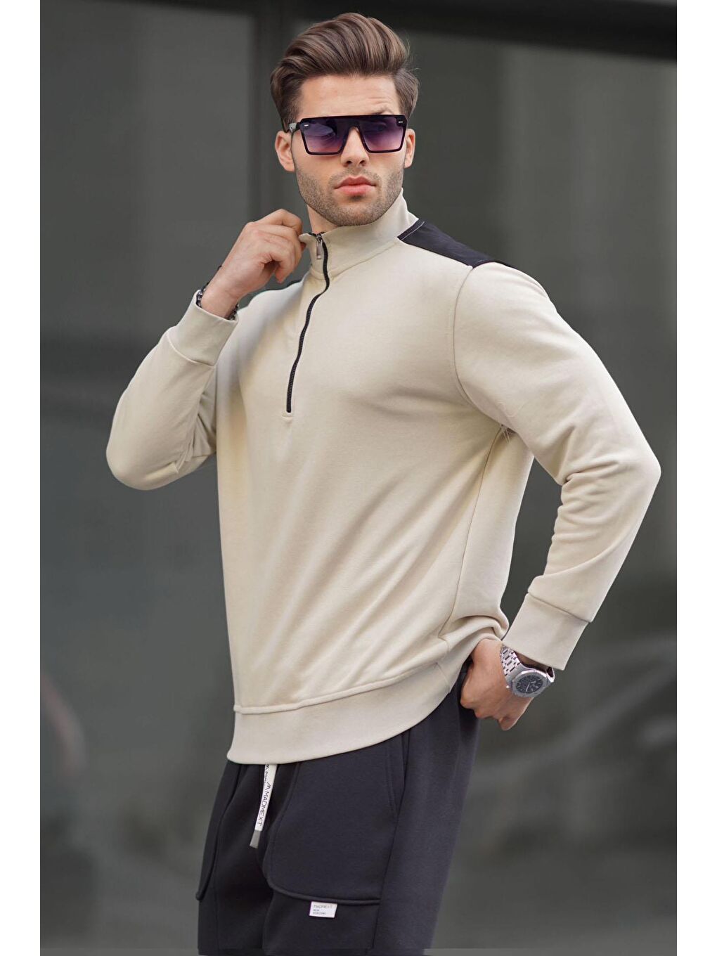 Bej Fermuar Yaka Basic Erkek Sweatshirt 6157