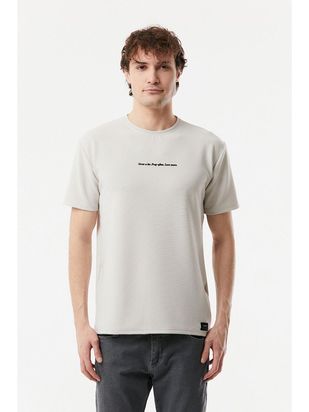 Bej Baskılı Bisiklet Yaka Tişört-4