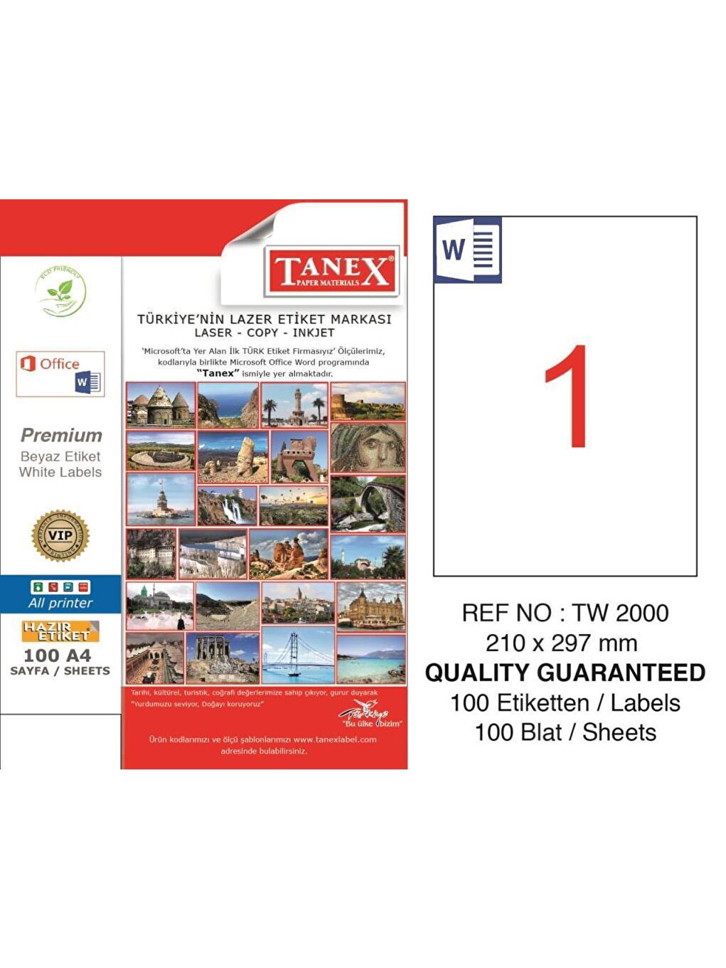 Tanex TW-2000 210x297 mm Laser Etiket 100 Ad.