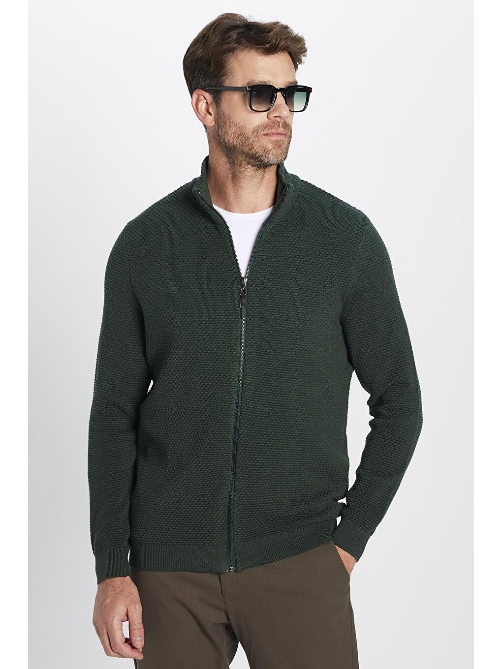 Erkek Standart Fit Normal Kesim Desenli Yarım Balıkçı Yaka Fermuarlı Yeşil Hırka-1