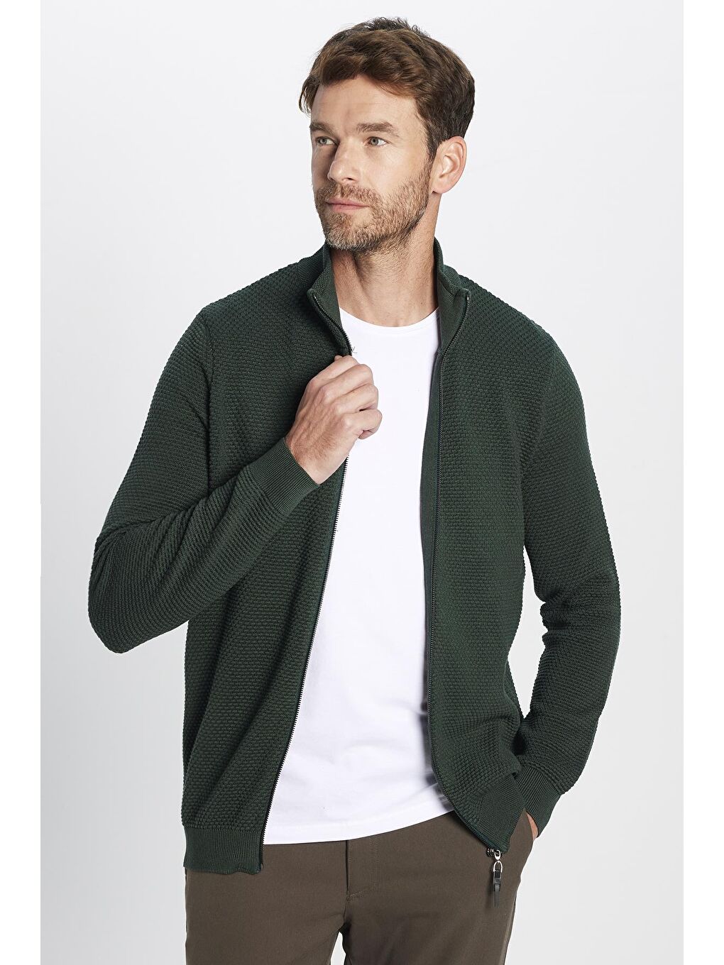 Erkek Standart Fit Normal Kesim Desenli Yarım Balıkçı Yaka Fermuarlı Yeşil Hırka-2