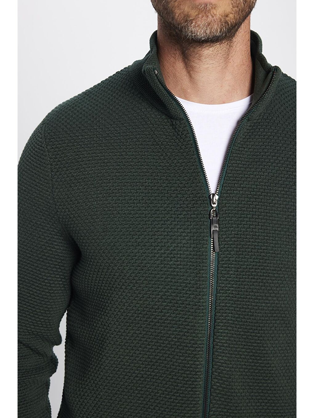 Erkek Standart Fit Normal Kesim Desenli Yarım Balıkçı Yaka Fermuarlı Yeşil Hırka-4