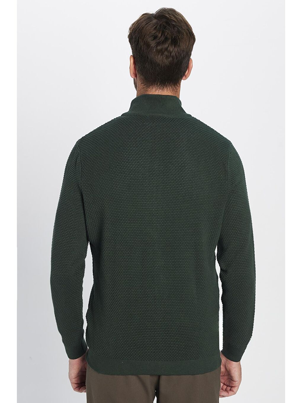 Erkek Standart Fit Normal Kesim Desenli Yarım Balıkçı Yaka Fermuarlı Yeşil Hırka-5