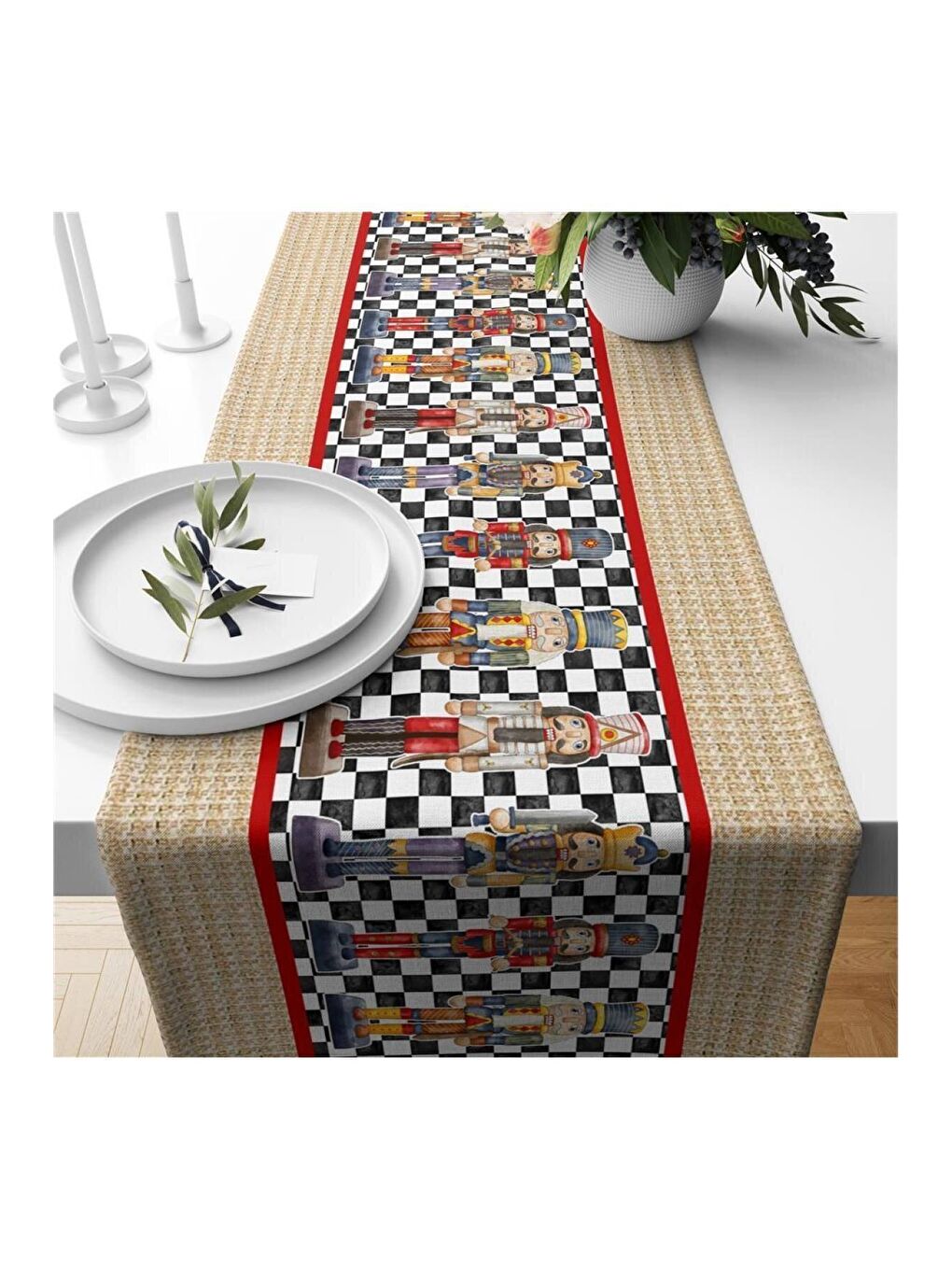 Karışık Yılbaşı Temalı Kurşun Asker Desenli Kadife Runner 40x140 cm