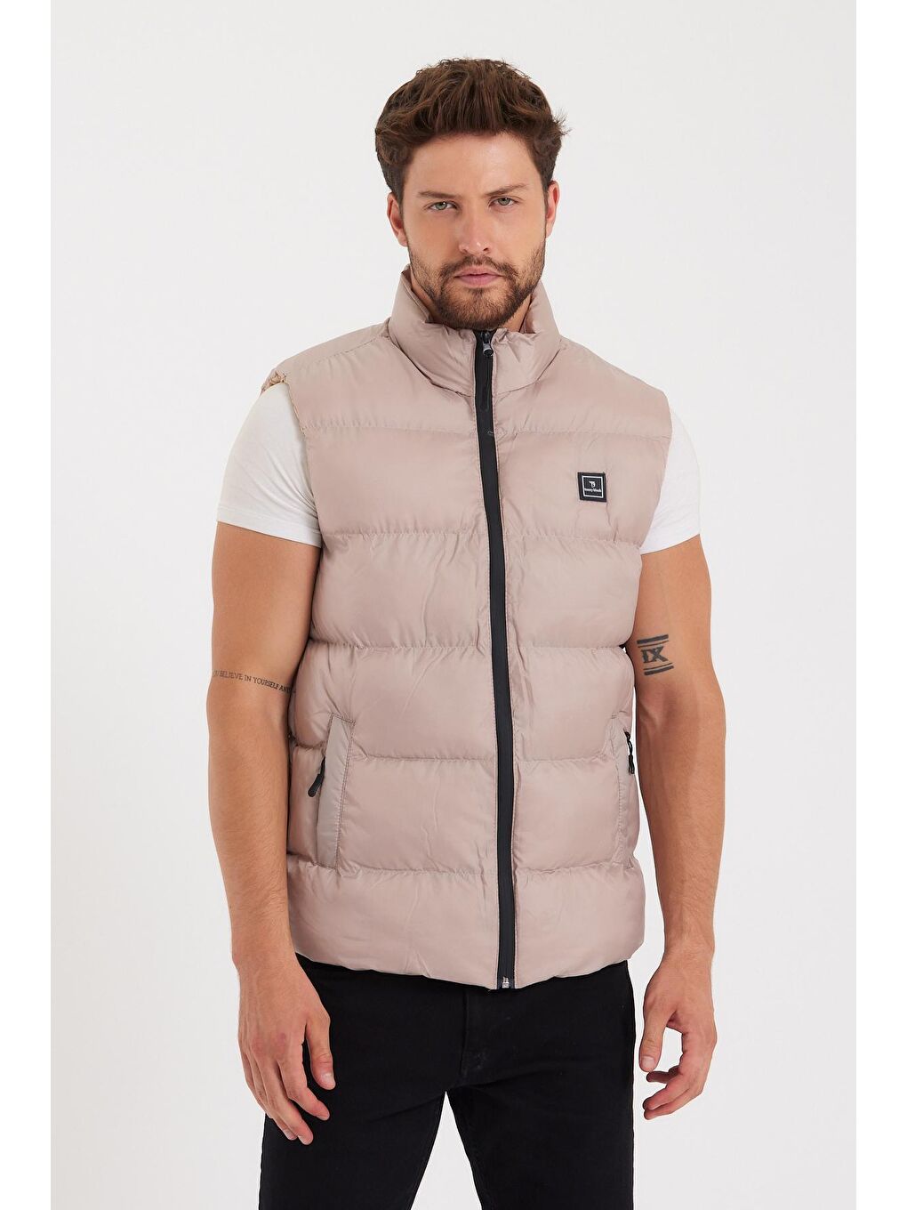 Erkek Bej Elyaf Dolumlu Rahat Kalıp Yelek