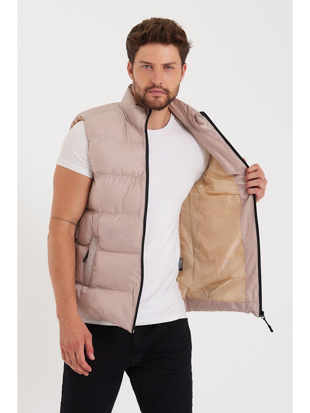 Erkek Bej Elyaf Dolumlu Rahat Kalıp Yelek-1