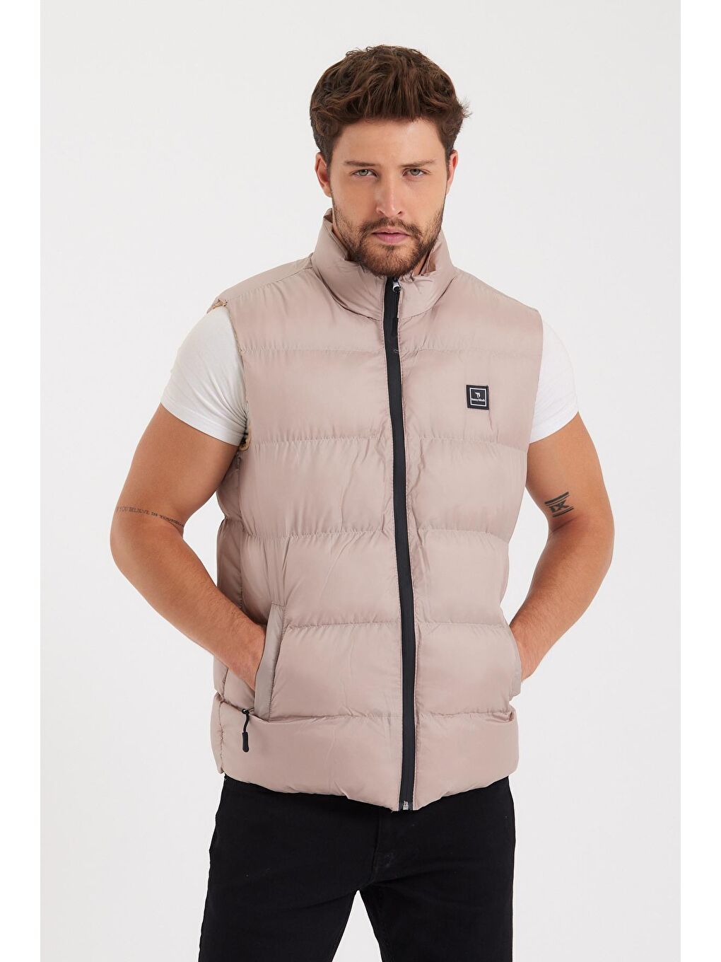 Erkek Bej Elyaf Dolumlu Rahat Kalıp Yelek-3