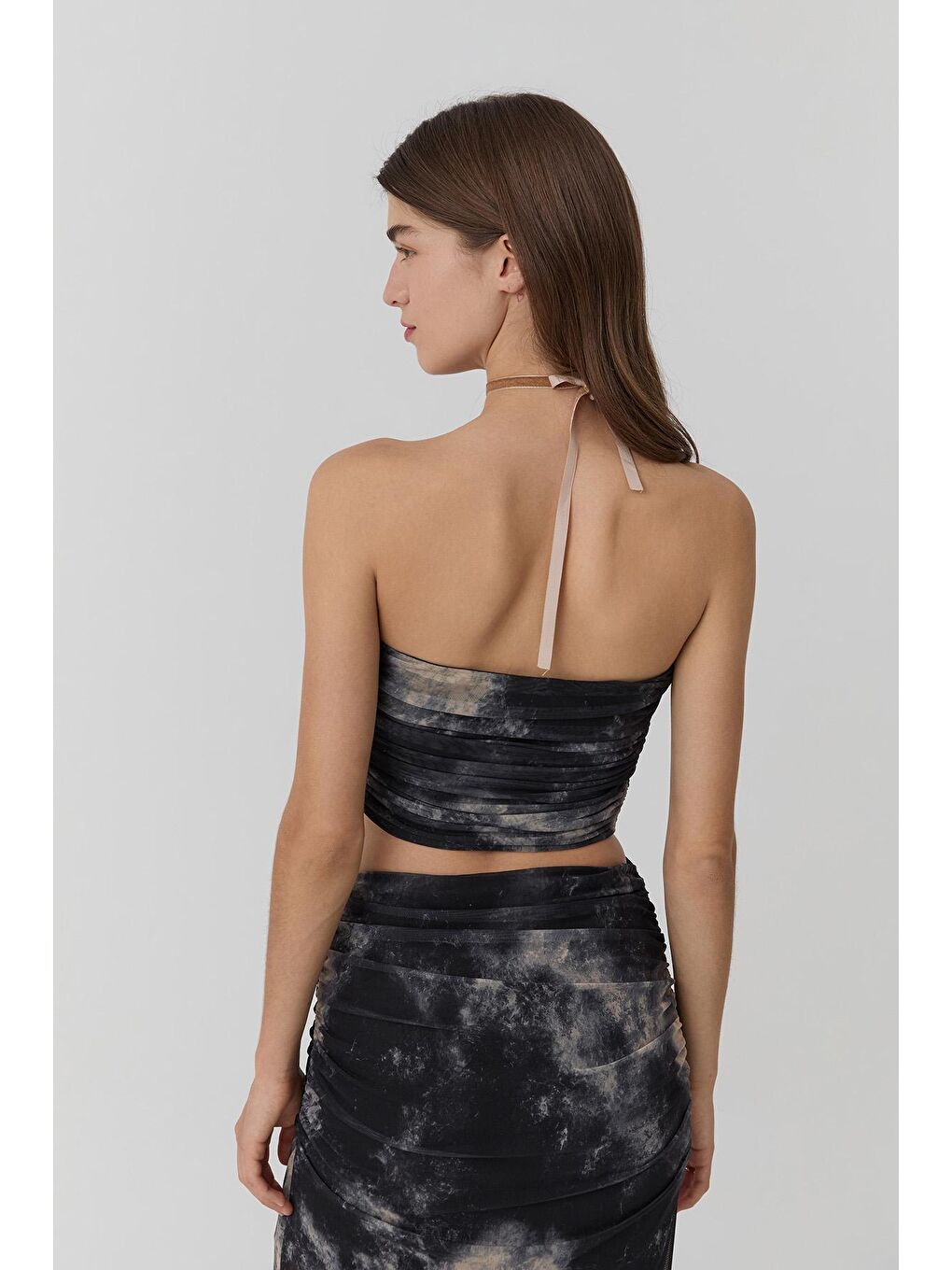 Desenli Straplez Tül Bluz Siyah-4