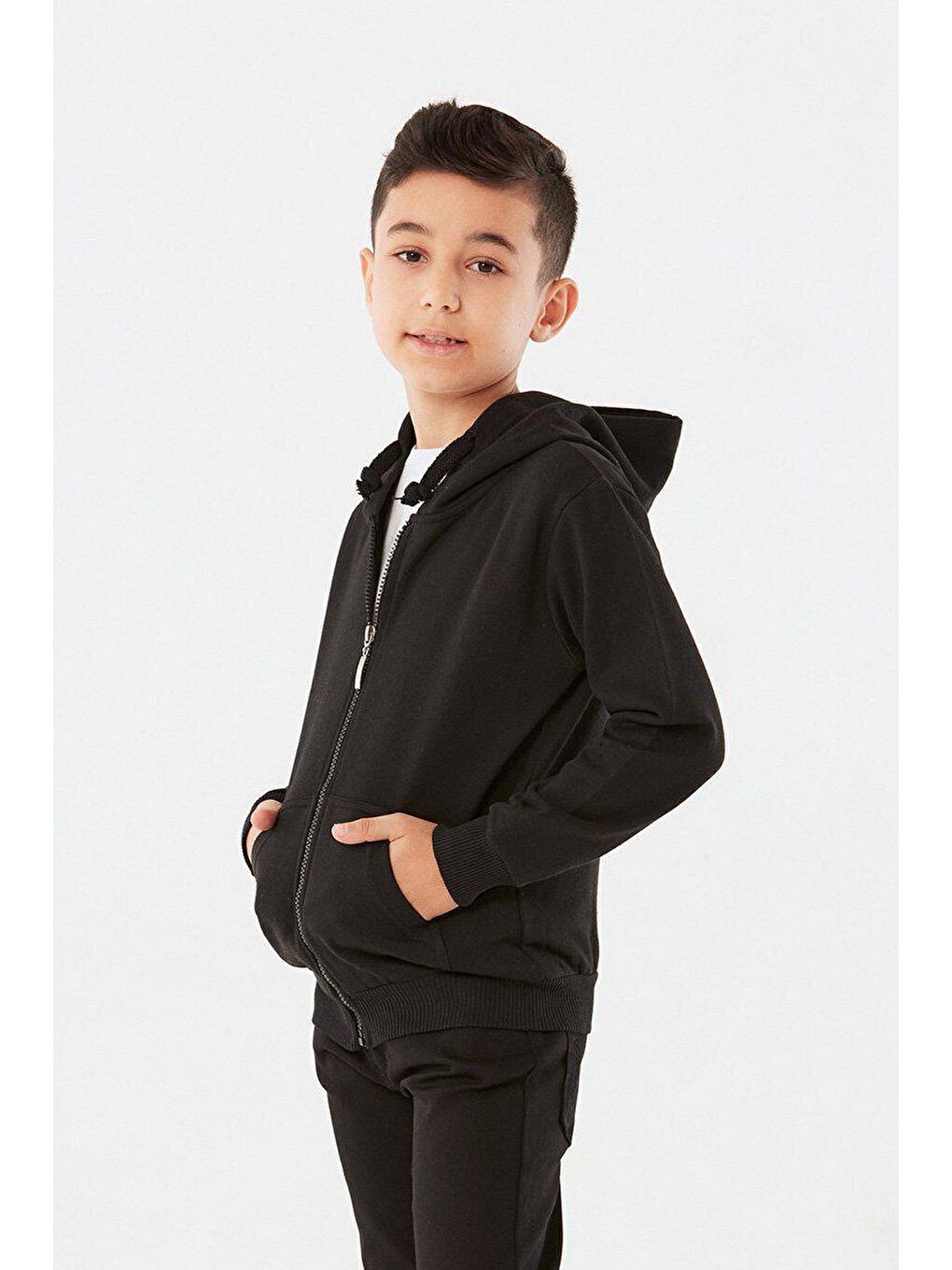 Siyah Fermuarlı Kapüşonlu Unisex Çocuk Sweatshirt