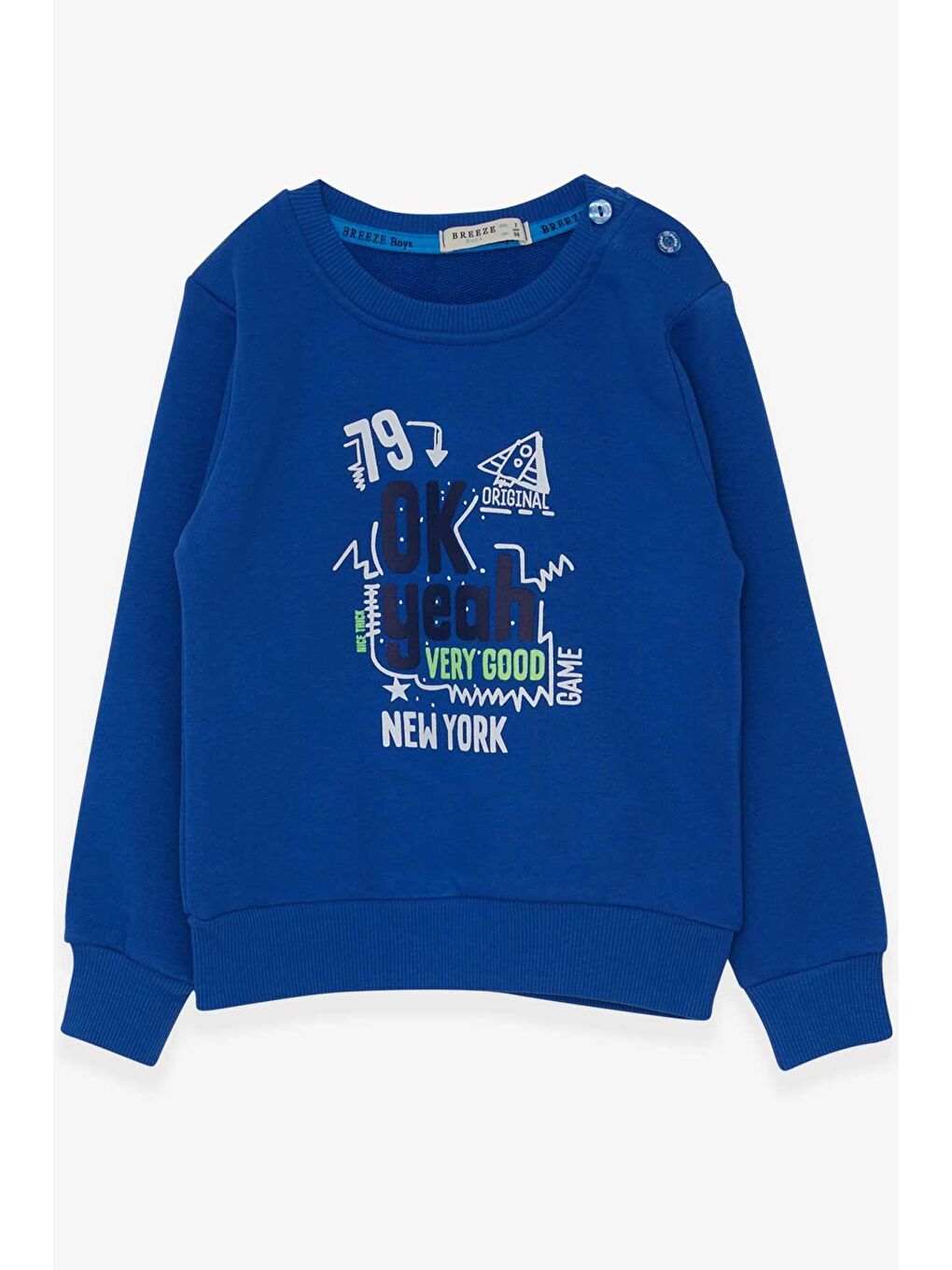 Breeze Saks Erkek Bebek Sweatshirt Yazı Baskılı Saks Mavisi (2 Yaş)