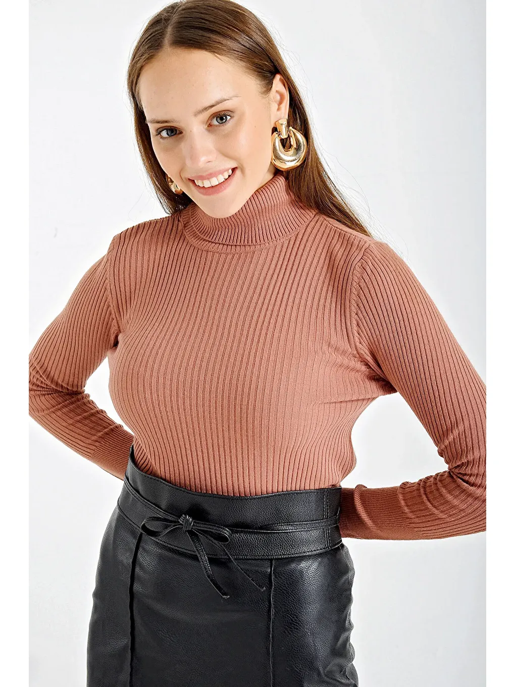 Pembe Balıkçı Yaka Triko Kadın Kazak-2