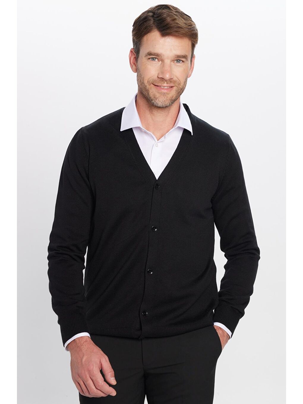 Erkek Standart Fit Normal Kesim Düğmeli Düz Pamuk Siyah Hırka-3