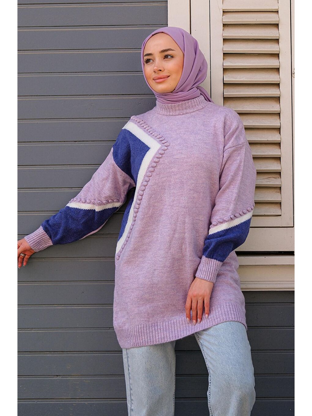 Baklava Desen Tesettür Triko Kazak Lila