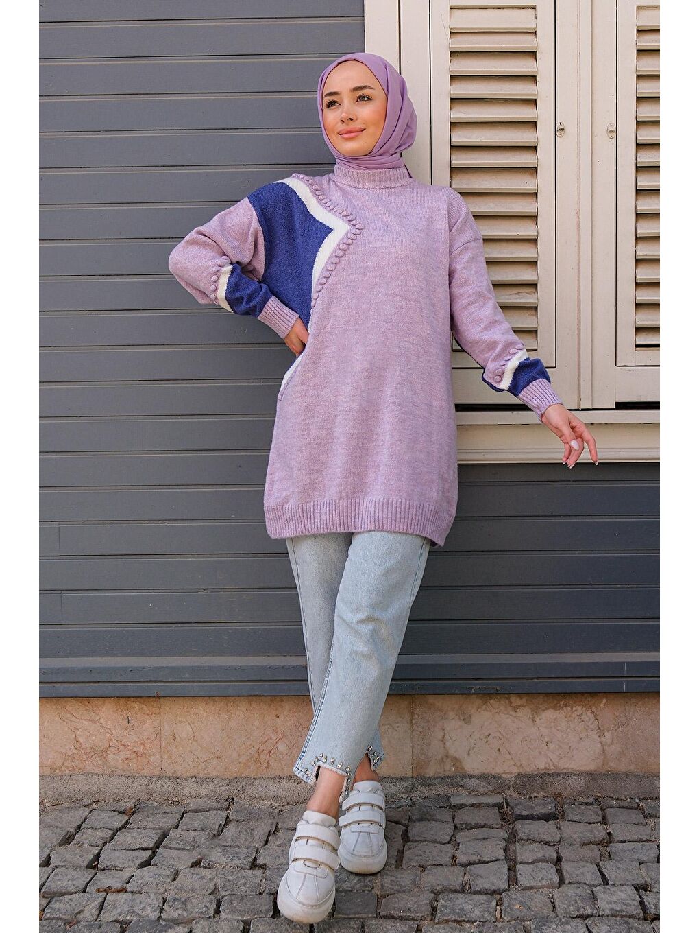 Baklava Desen Tesettür Triko Kazak Lila-1