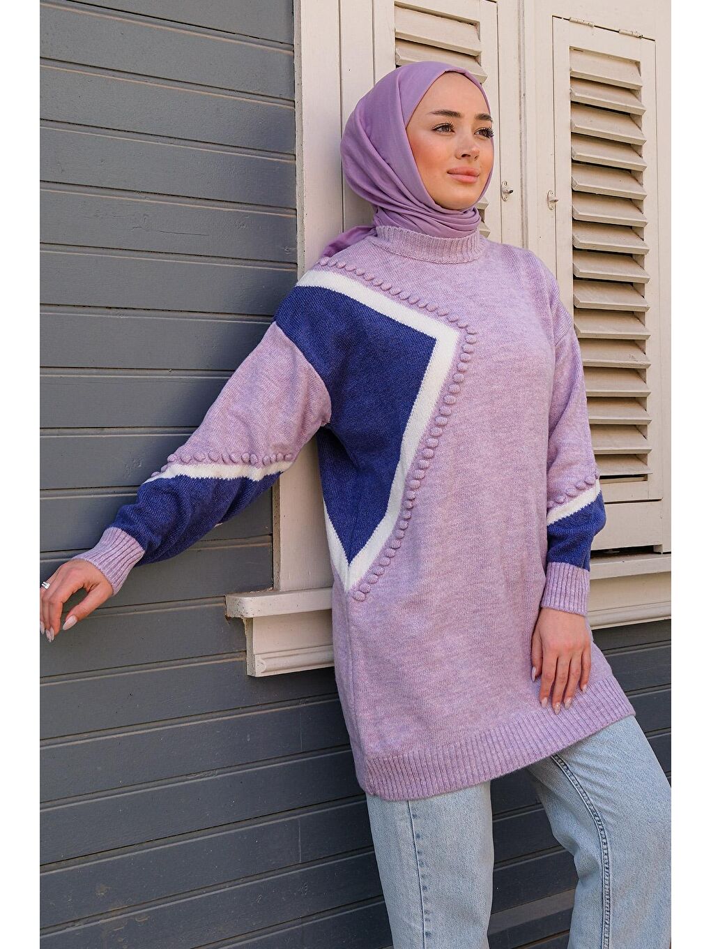 Baklava Desen Tesettür Triko Kazak Lila-2