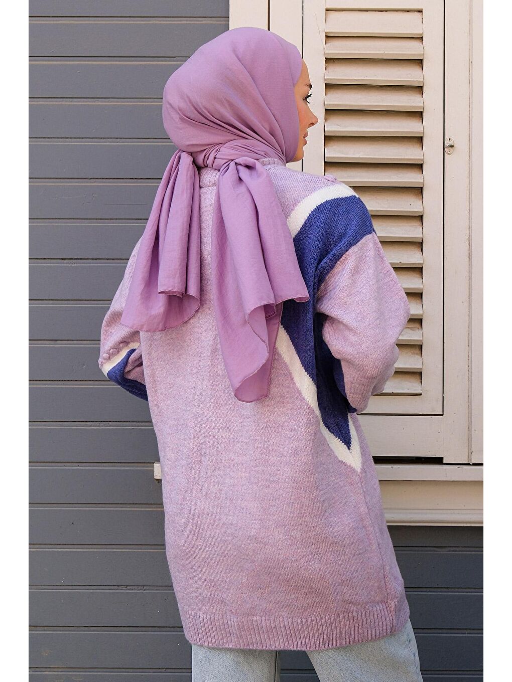Baklava Desen Tesettür Triko Kazak Lila-4