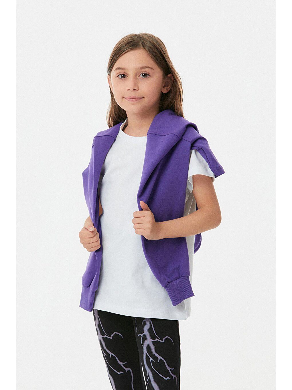 Mor Baskılı Kapüşonlu Crop Kız Çocuk Takım