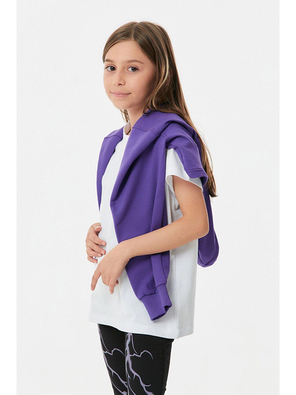 Mor Baskılı Kapüşonlu Crop Kız Çocuk Takım-1