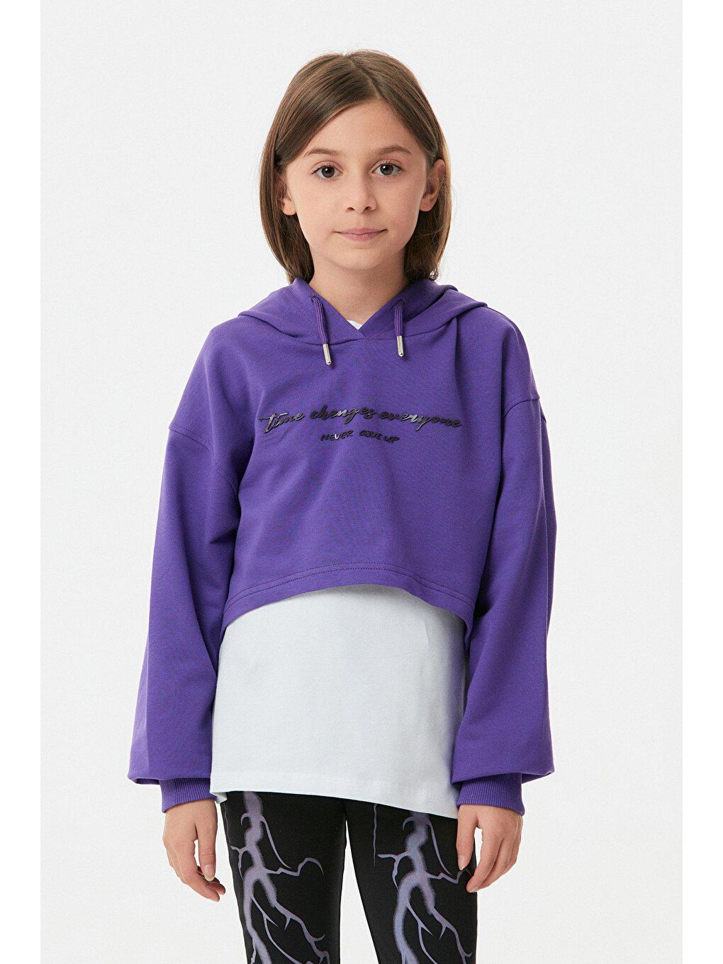 Mor Baskılı Kapüşonlu Crop Kız Çocuk Takım-2
