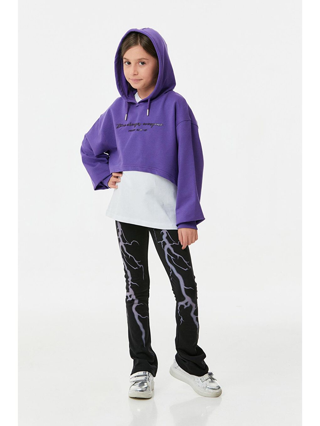 Mor Baskılı Kapüşonlu Crop Kız Çocuk Takım-4
