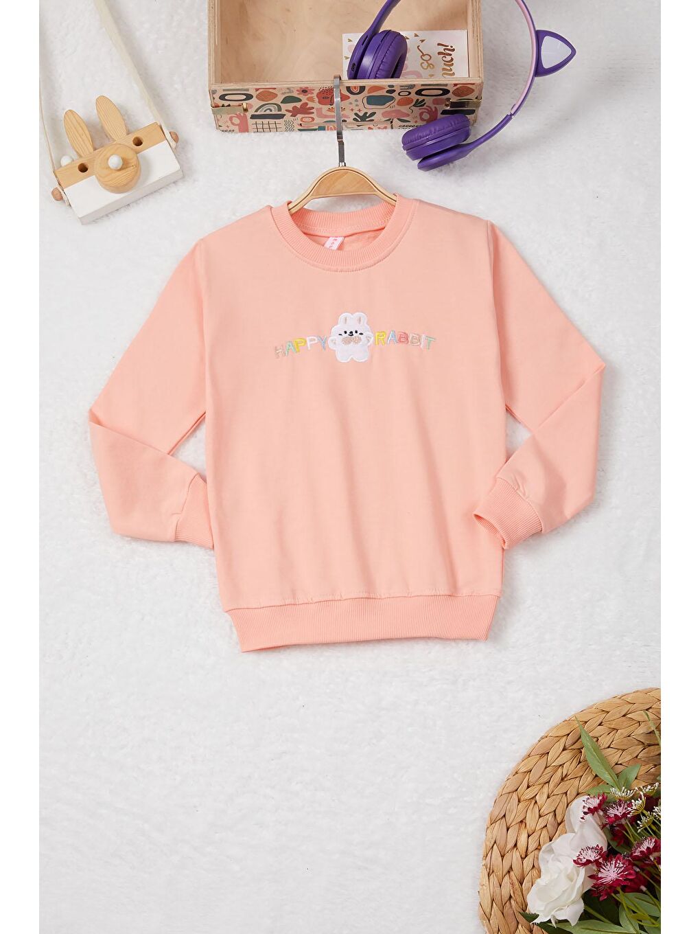 Pembe Life Kids Club Somon Tavşan Nakışlı Yazılı Kız Çocuk Sweatshirt 16945