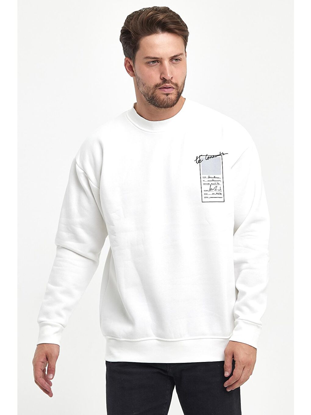 Rodi Ekru 3 İplik Şardonlu Bisiklet Yaka Erkek Sweatshirt - 1