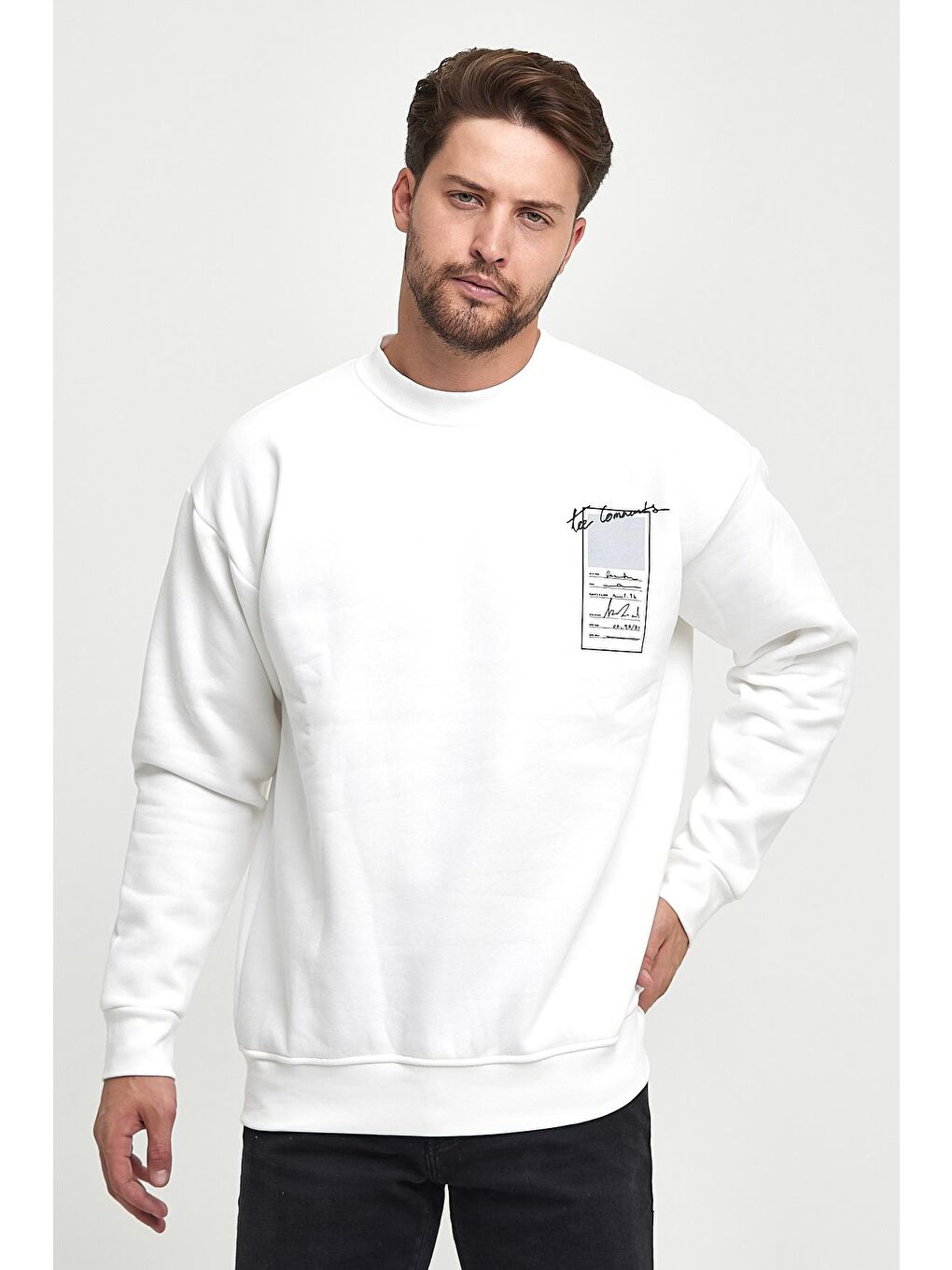 Rodi Ekru 3 İplik Şardonlu Bisiklet Yaka Erkek Sweatshirt - 3