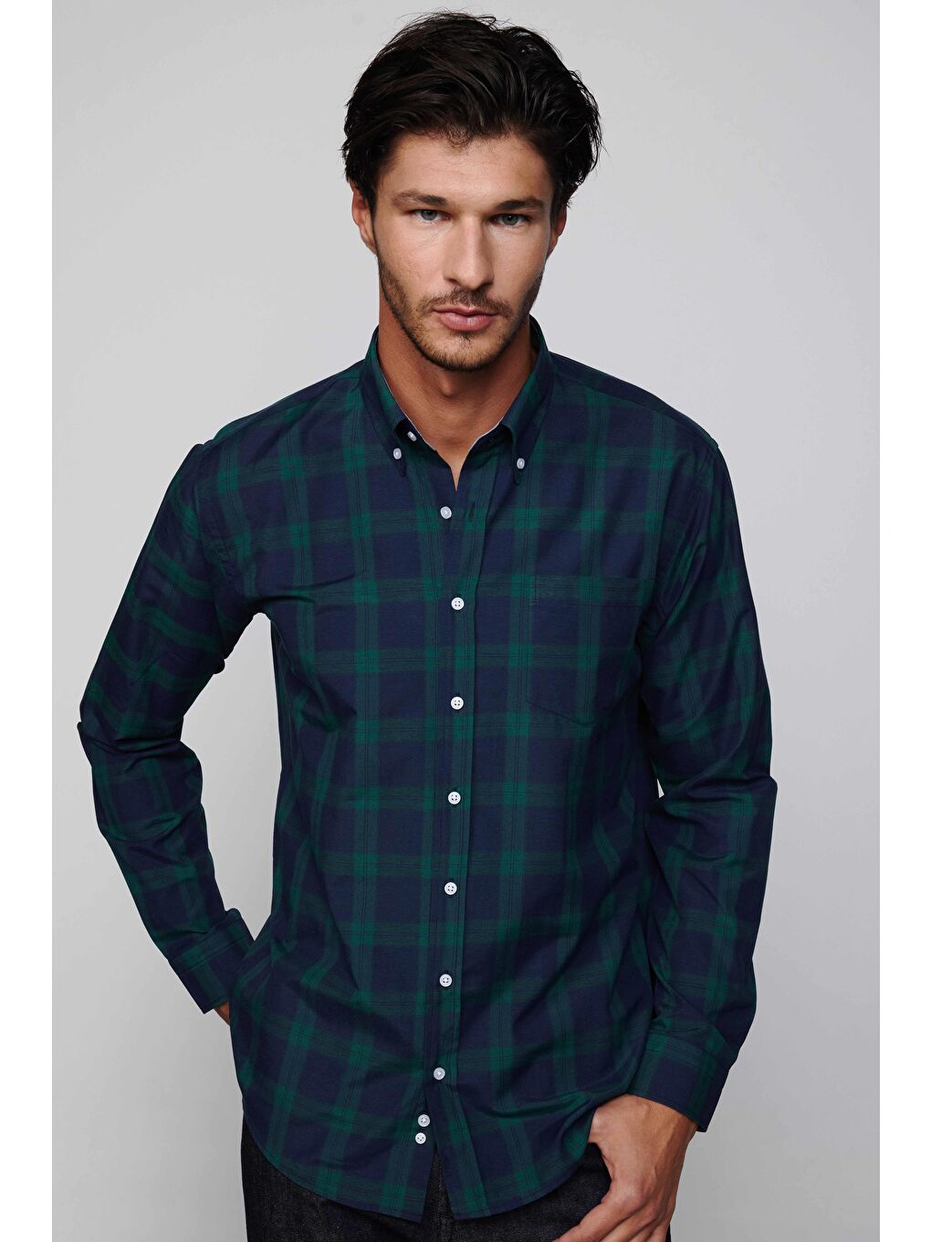 Karışık Erkek Regular Fit Klasik Kesim Düğmeli Yaka Küçük Kareli Pamuklu Yeşil-Mavi Gömlek