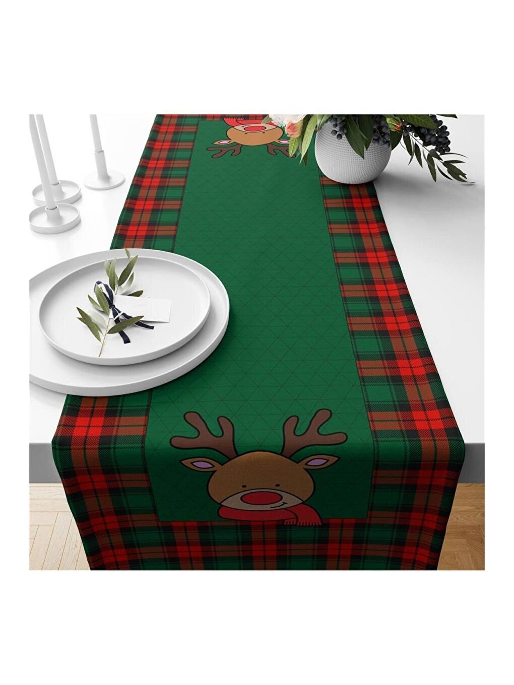 Karışık Yılbaşı Özel Geyik Desenli Kadife Runner 40x140 cm