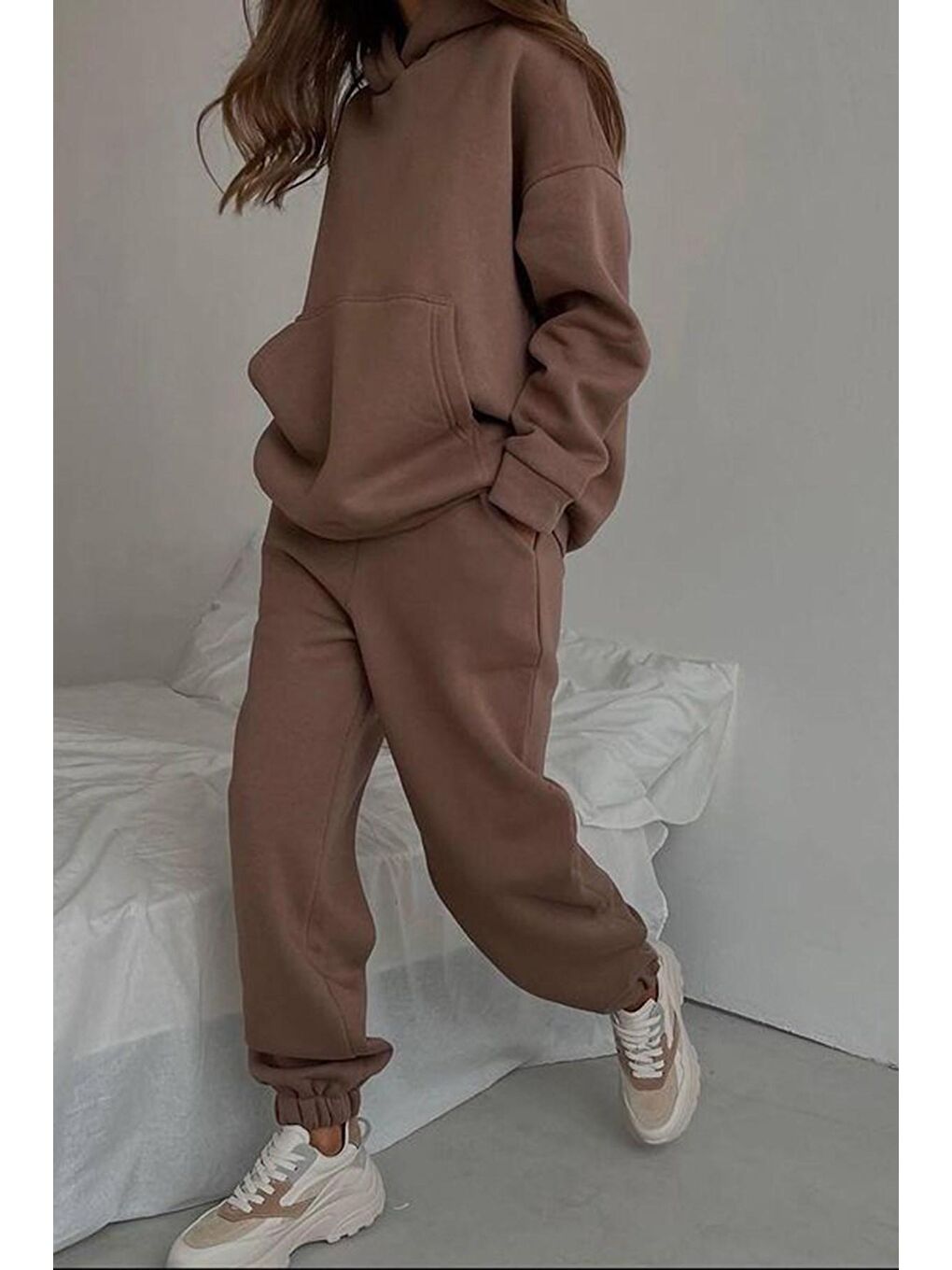 Kahverengi Kapüşonlu Oversize Kadın Eşofman Takımı Mg1609-1