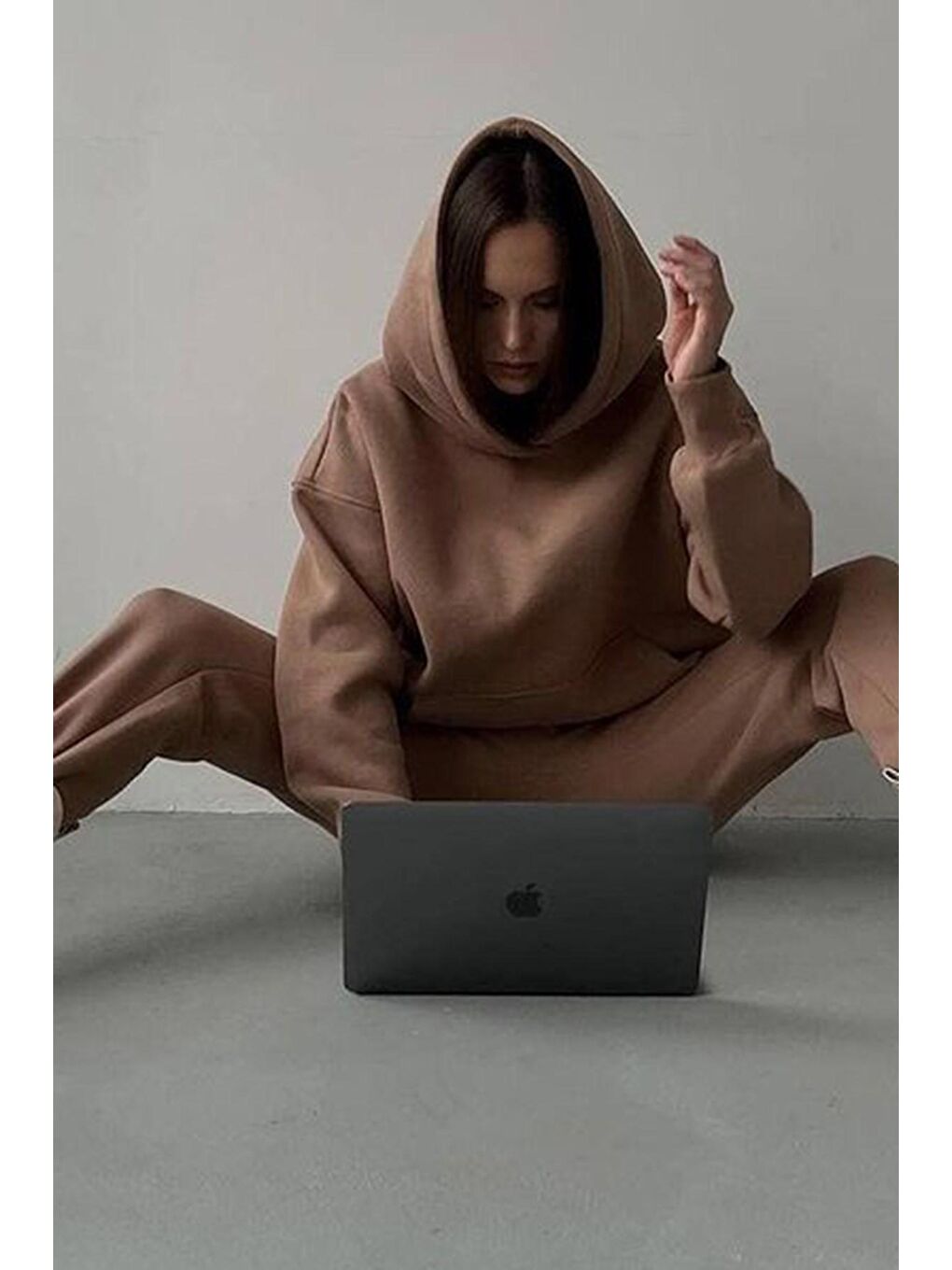 Kahverengi Kapüşonlu Oversize Kadın Eşofman Takımı Mg1609-2