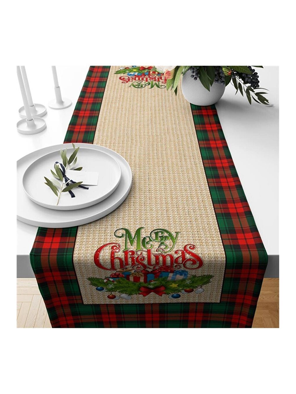 Karışık Yılbaşı Özel Merry Christmas Yazılı Kadife Runner 40x140 cm