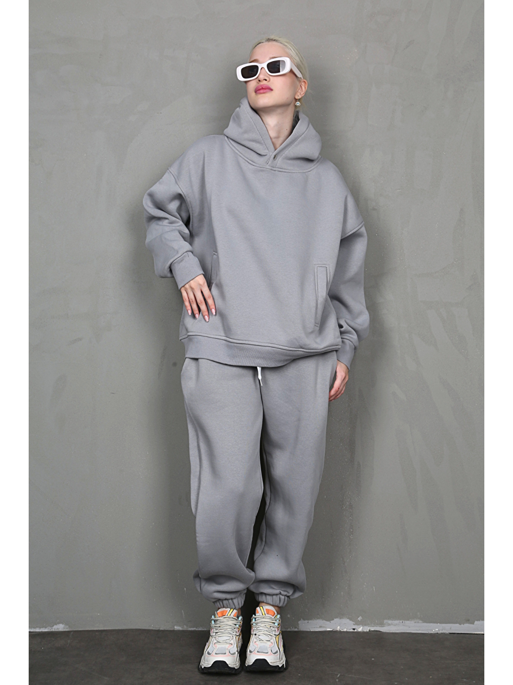 Boyalı Gri Kapüşonlu Oversize Kadın Eşofman Takım Mg1905-1