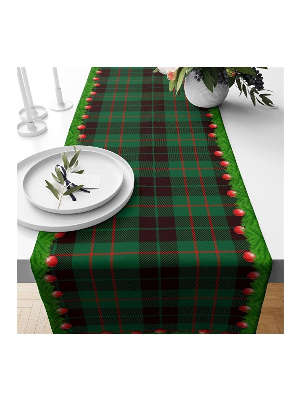 Karışık Yılbaşı Özel Ekose Desenli Kadife Runner 40x140 cm