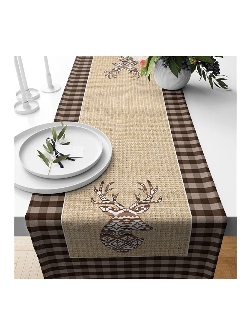 Karışık Yılbaşı Özel Geyik Desenli Kadife Runner 40x140 cm