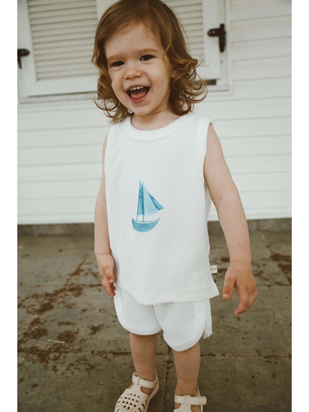 Beyaz Yelken Baskı Havlu Şort Takım-2