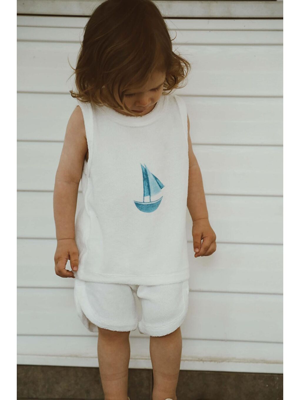 Beyaz Yelken Baskı Havlu Şort Takım-6