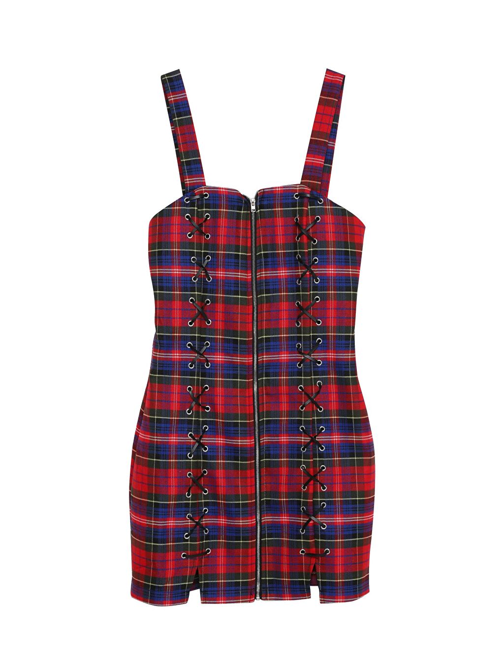 Fermuar Detaylı Ekoseli Mini Elbise Kırmızı