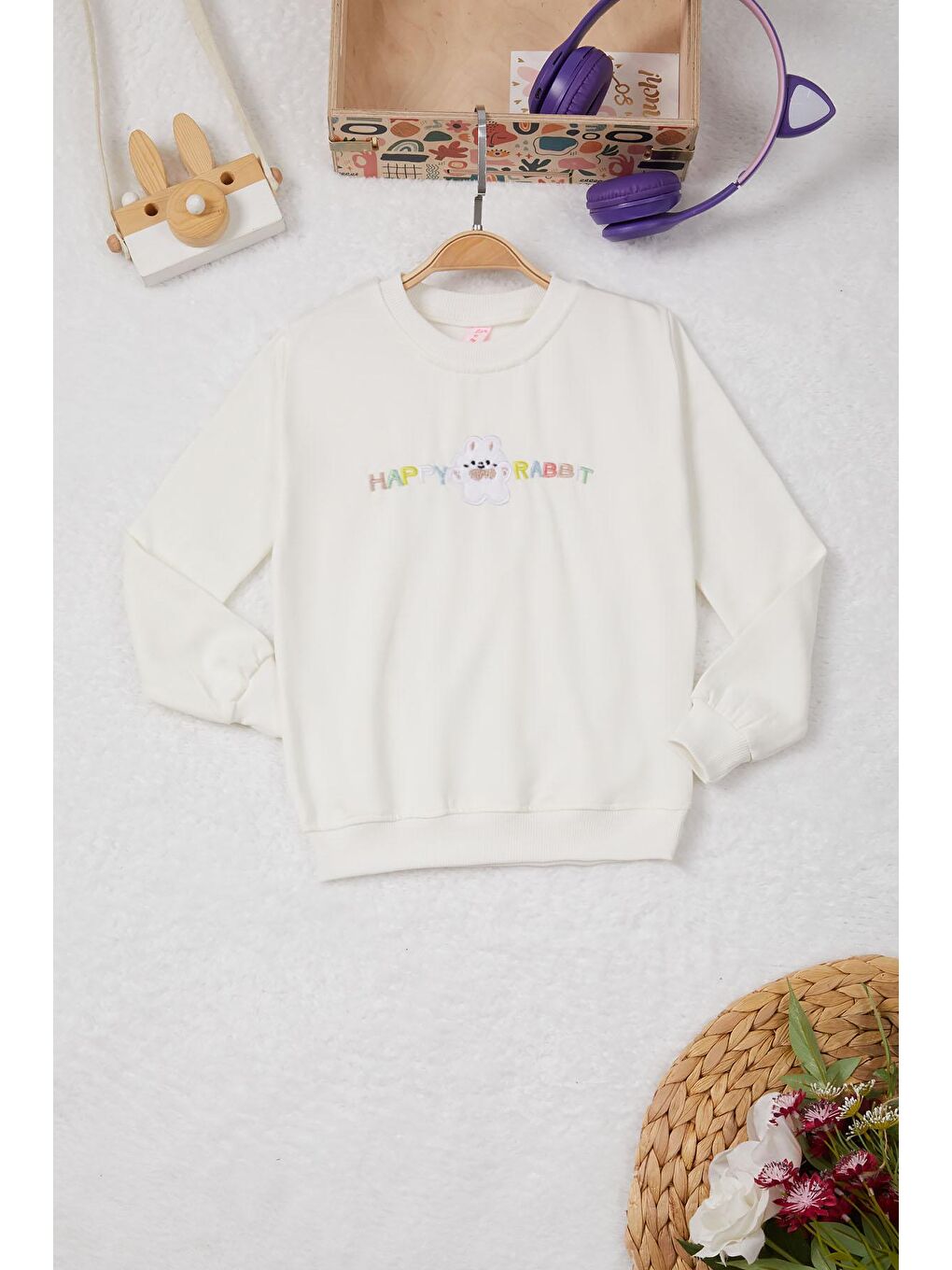 Ekru Tavşan Nakışlı Yazılı Kız Çocuk Sweatshirt 16946