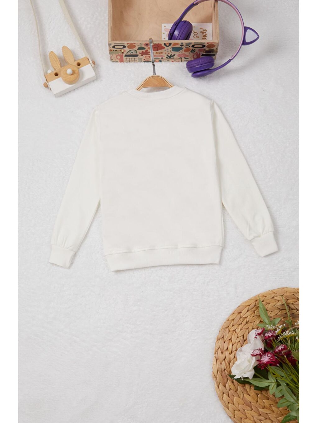 Ekru Tavşan Nakışlı Yazılı Kız Çocuk Sweatshirt 16946-3