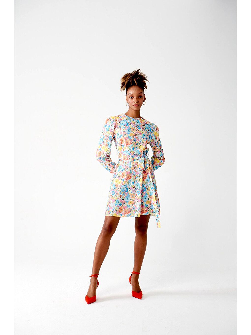 Pembe Uzun Kollu Bisiklet Yaka Baskılı Elbise-1