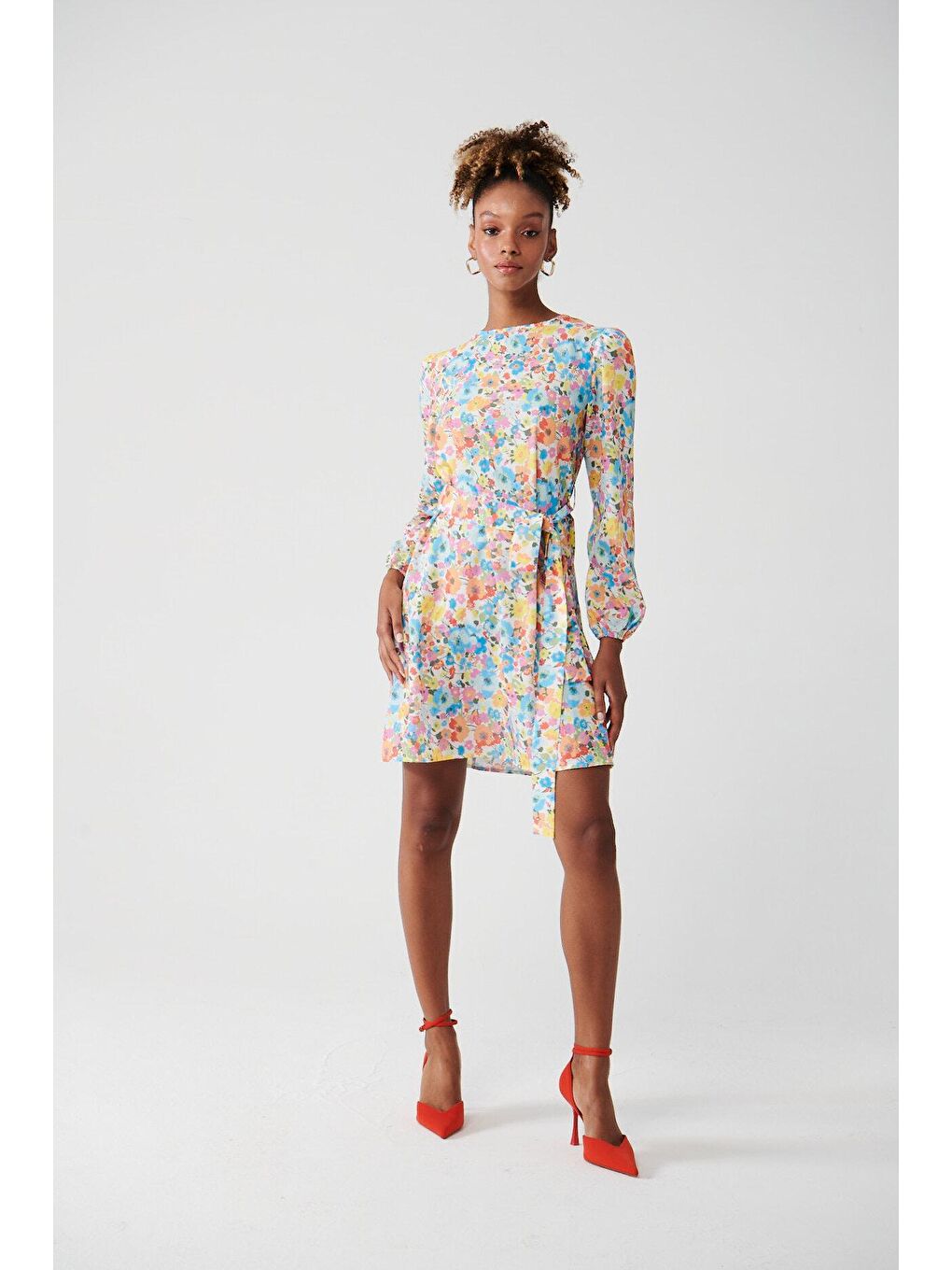 Pembe Uzun Kollu Bisiklet Yaka Baskılı Elbise