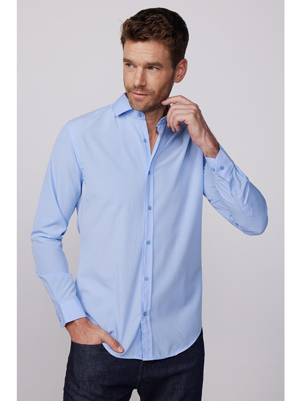Slim Fit Pamuklu Kolay Ütü Mavi Erkek Gömlek