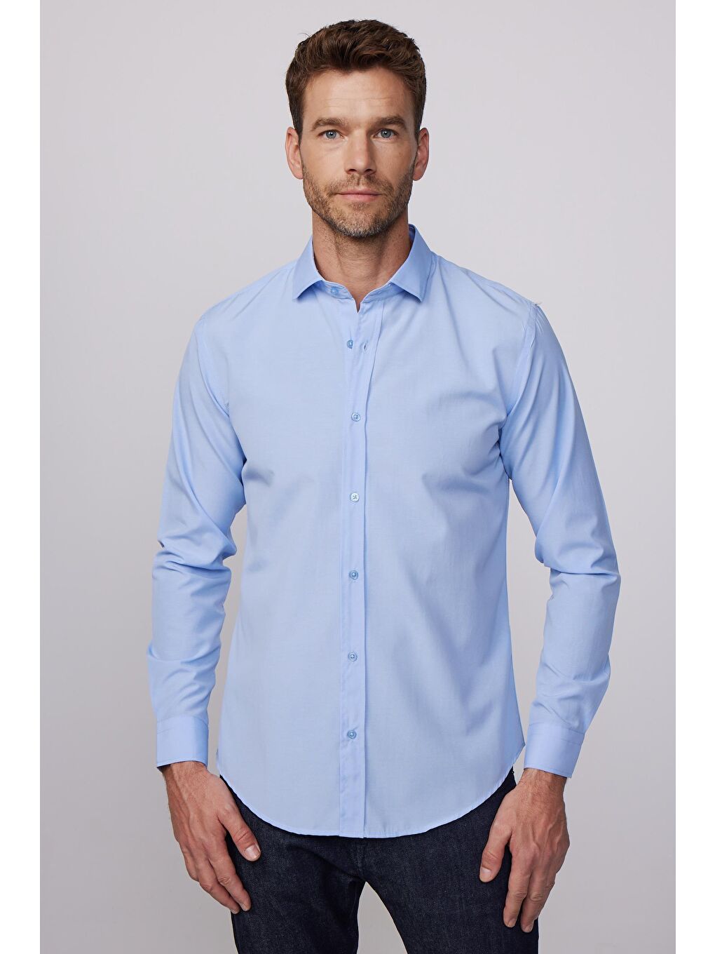 Slim Fit Pamuklu Kolay Ütü Mavi Erkek Gömlek-1