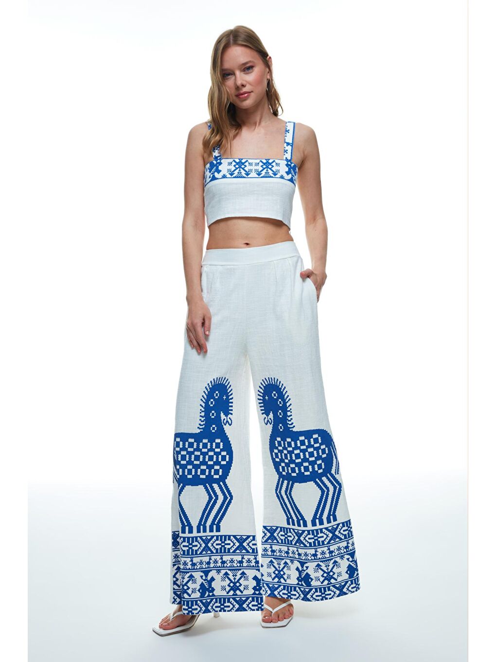 Renkli Desenli Geniş Paça Pantolon Ekru