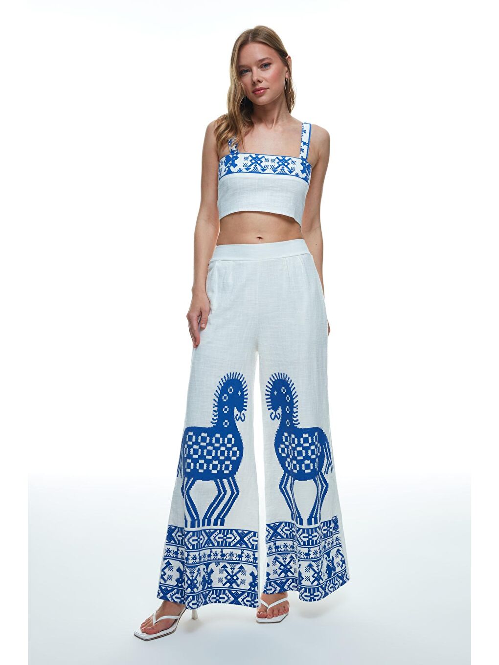 Renkli Desenli Geniş Paça Pantolon Ekru-1