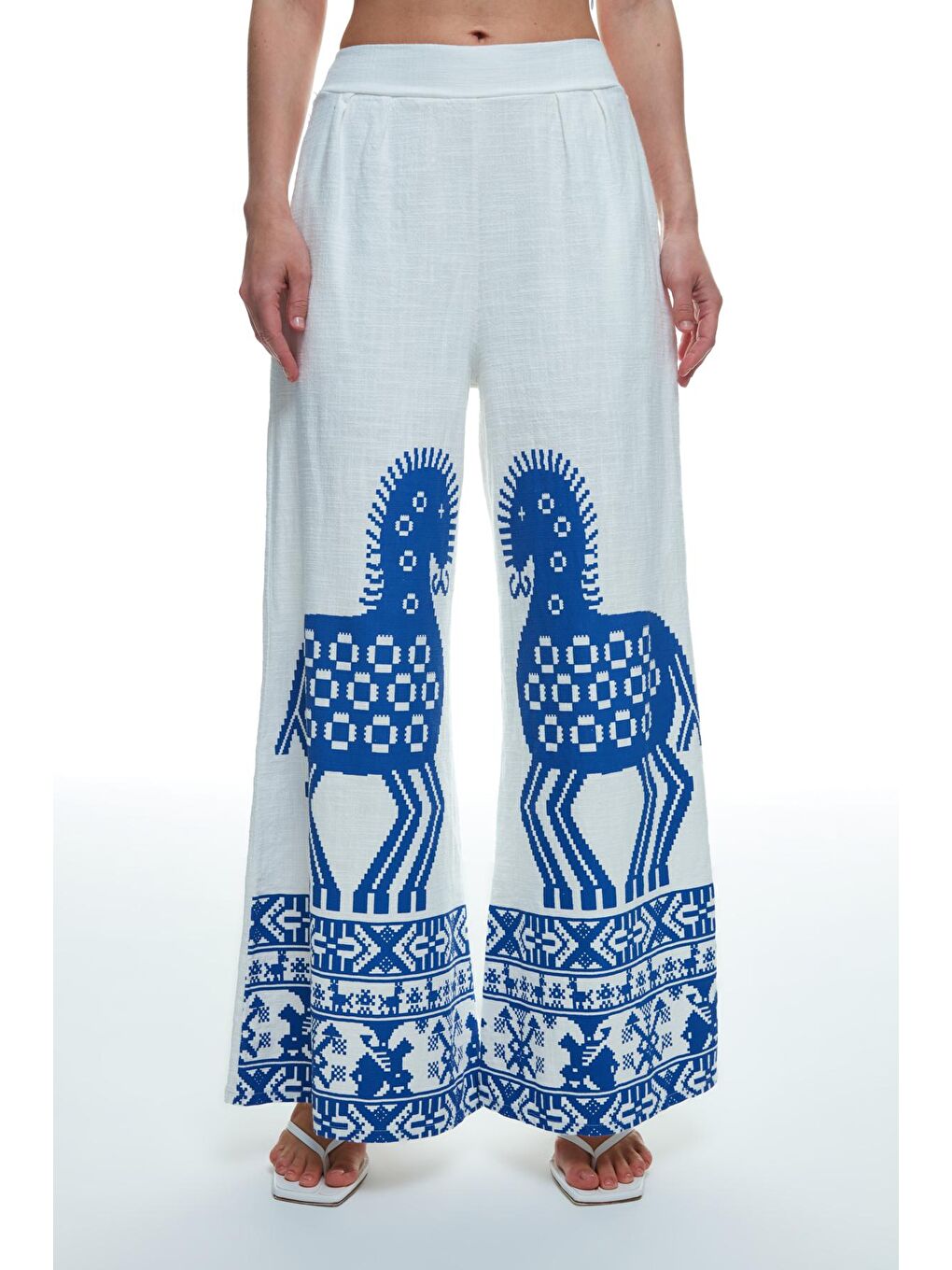 Renkli Desenli Geniş Paça Pantolon Ekru-3