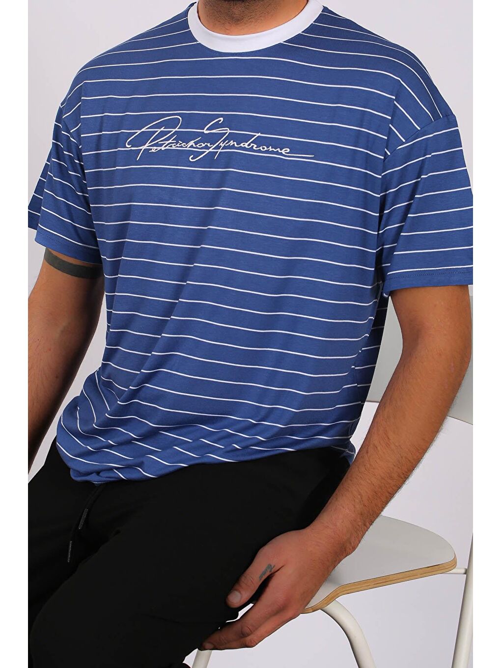 Erkek Çizgili Mavi Tişört 5801-1