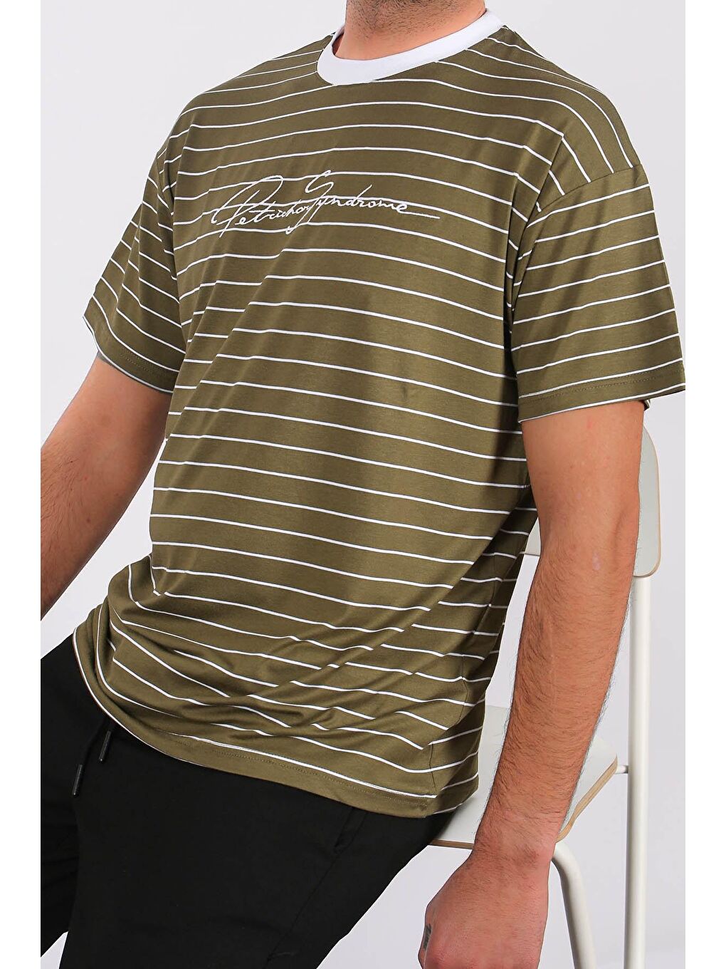 Erkek Çizgili Haki Tişört 5801-1