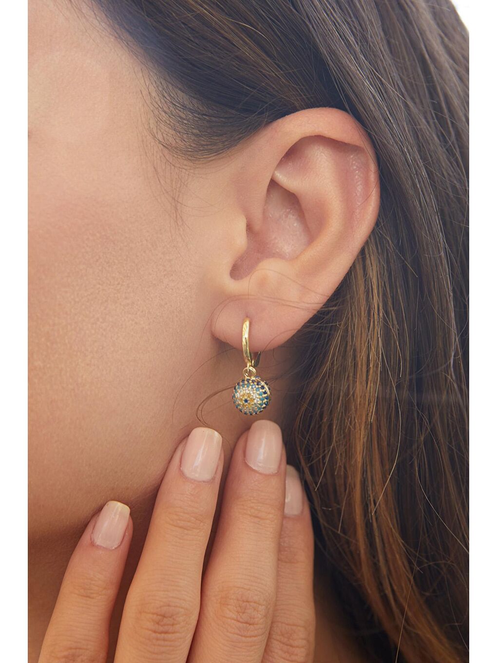 Sarı Kadın Gold Kaplama 925 Ayar Gümüş Halka Nazar Göz Küpe-1